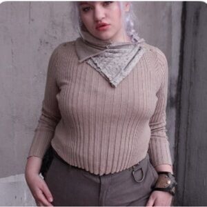 Royal Peasantry Upcycled Elegant Tan Ribbed Sweater L XL